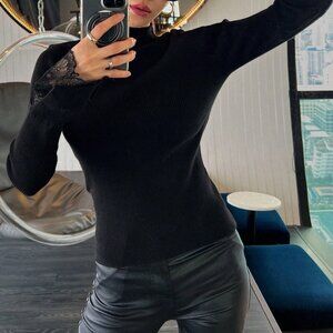 Black Casual Women's Elegant Lace Patchwork Sweater